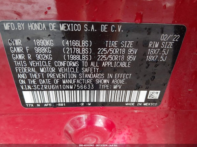 3CZRU6H10NM756633 Honda Hr-v Awd Sport