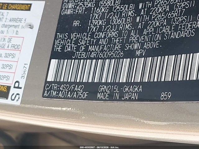 45352587 :رقم المزاد ، JTEBU14R760095026 vin ، 2006 Toyota 4runner Sr5 مزاد بيع