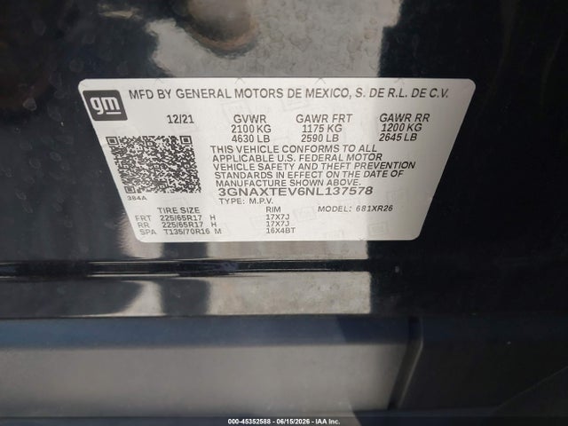 Продажа на аукционе авто 2022 Chevrolet Equinox Awd 2fl, vin: 3GNAXTEV6NL137578, номер лота: 45352588