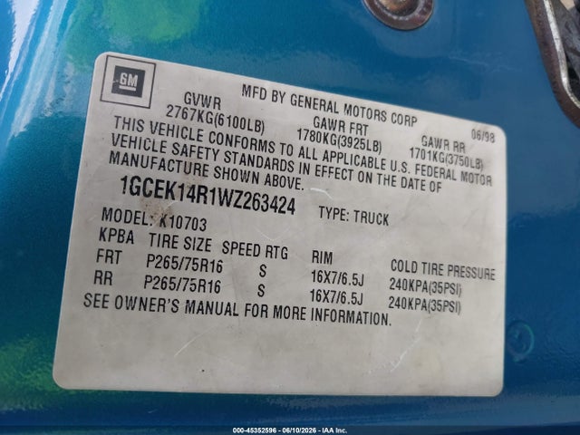 45352596 :رقم المزاد ، 1GCEK14R1WZ263424 vin ، 1998 Chevrolet C/k 1500 Fleetside مزاد بيع