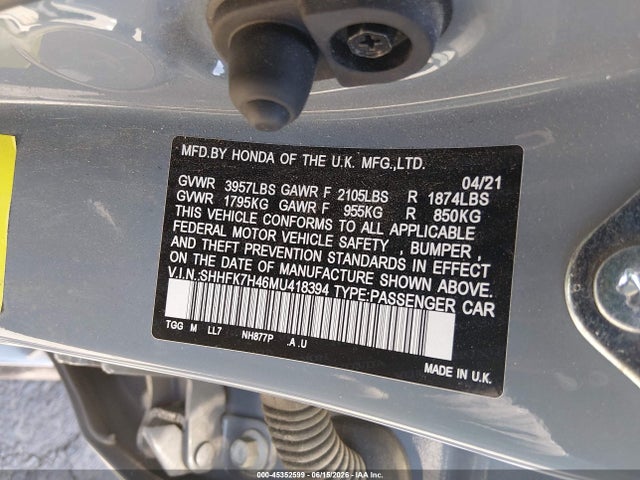 SHHFK7H46MU418394 Honda Civic Sport