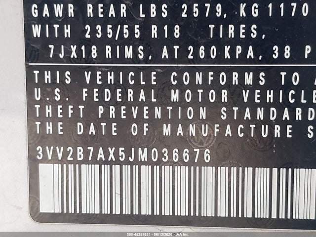 2018 Volkswagen Tiguan 2.0t Se/2.0t Sel მანქანა იყიდება აუქციონზე, vin: 3VV2B7AX5JM036676, აუქციონის ნომერი: 45352621
