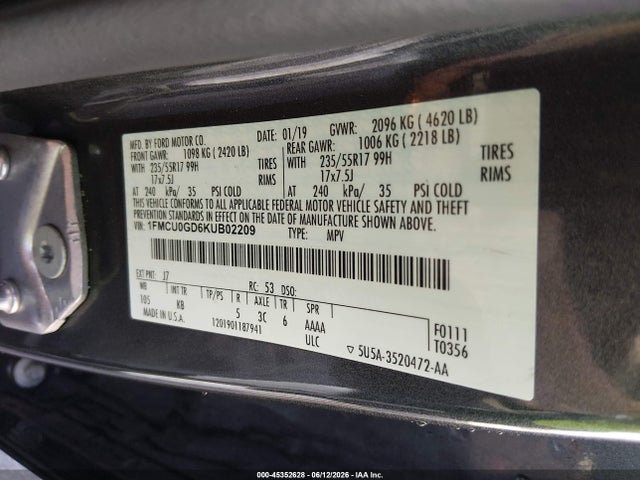 Aukcja sprzedaży 2019 Ford Escape Se, vin: 1FMCU0GD6KUB02209, numer aukcji: 45352628