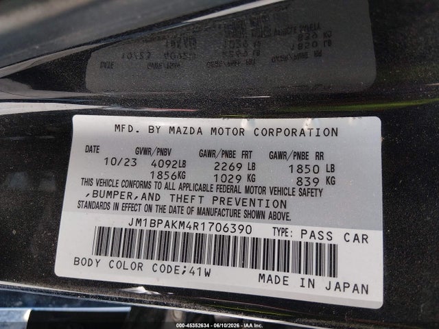 2024 Mazda Mazda3 2.5 S Select Sport მანქანა იყიდება აუქციონზე, vin: JM1BPAKM4R1706390, აუქციონის ნომერი: 45352634