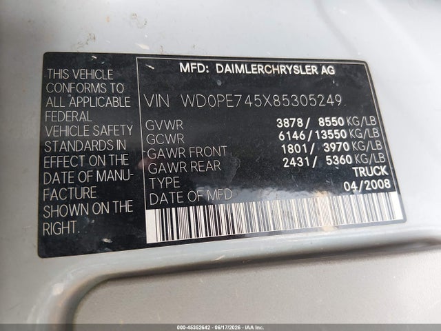 Aukcja sprzedaży 2008 Dodge Sprinter Van 2500, vin: WD0PE745X85305249, numer aukcji: 45352642