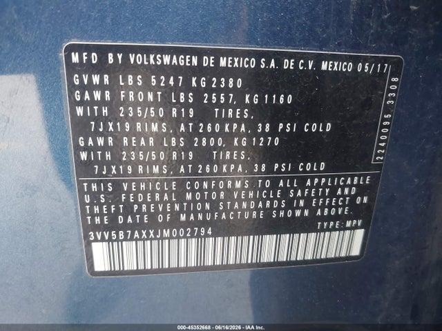 2018 Volkswagen Tiguan 2.0t Sel Premium მანქანა იყიდება აუქციონზე, vin: 3VV5B7AXXJM002794, აუქციონის ნომერი: 45352668