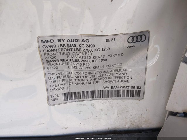45352706 :رقم المزاد ، WA1BAAFY9M2106153 vin ، 2021 Audi Q5 Premium Plus 45 Tfsi Quattro S Tronic مزاد بيع