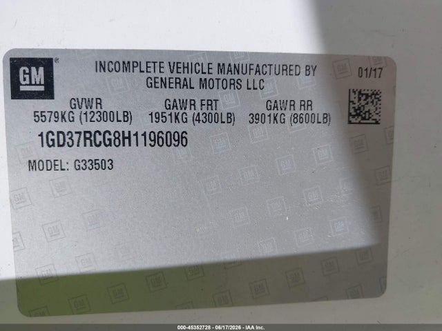 45352728 :رقم المزاد ، 1GD37RCG8H1196096 vin ، 2017 Gmc Savana Cutaway Work Van مزاد بيع