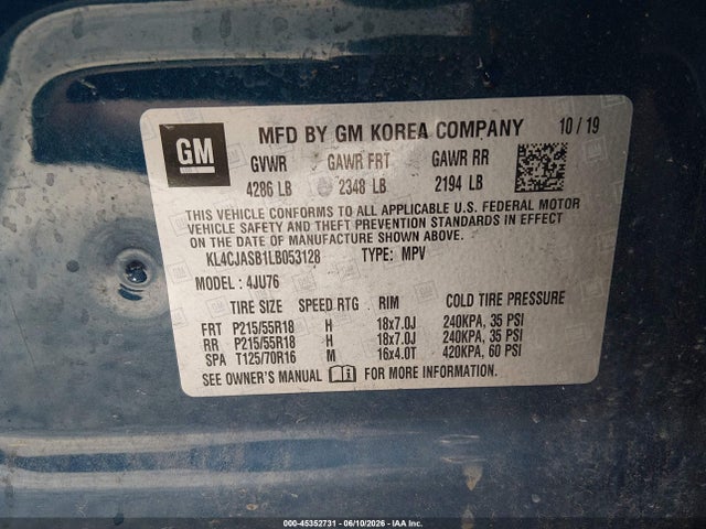 45352731 :رقم المزاد ، KL4CJASB1LB053128 vin ، 2020 Buick Encore Fwd Preferred مزاد بيع