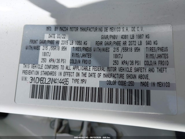 45352743 :رقم المزاد ، 3MVDMBDL2NM414485 vin ، 2022 Mazda Cx-30 Premium مزاد بيع