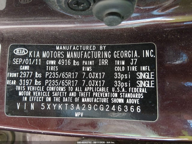 Продажа на аукционе авто 2012 Kia Sorento Lx V6, vin: 5XYKT3A29CG246366, номер лота: 45352752