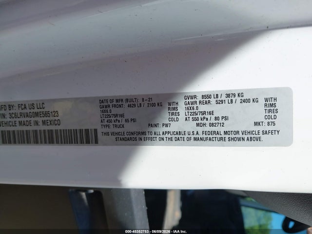 Aukcja sprzedaży 2021 Ram Promaster 1500 Low Roof 136 Wb, vin: 3C6LRVAG0ME565123, numer aukcji: 45352753