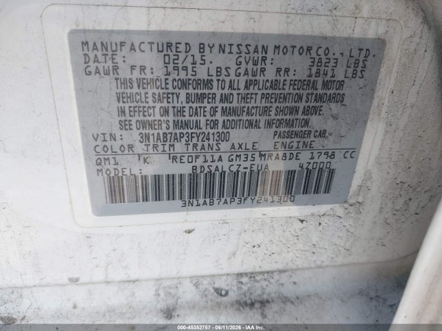 3N1AB7AP3FY241300 Nissan Sentra Fe+ S/s/sl/sr/sv