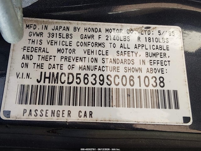 Aukcja sprzedaży 1995 Honda Accord Lx, vin: JHMCD5639SC061038, numer aukcji: 45352761