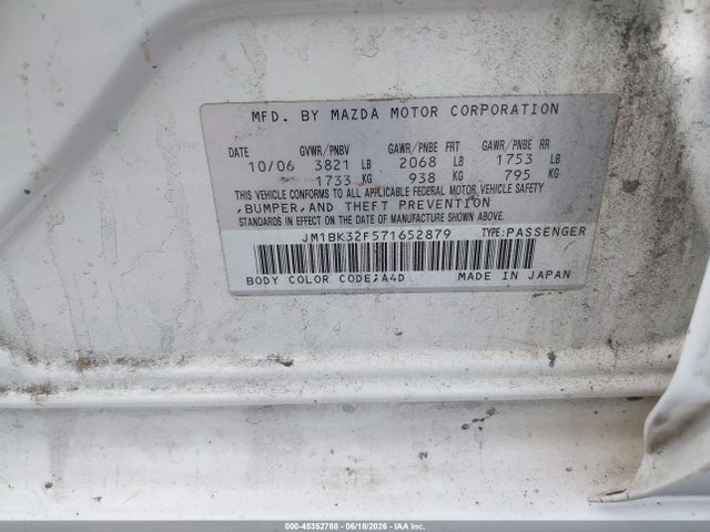 Продаж на аукціоні авто 2007 Mazda Mazda3 I, vin: JM1BK32F571652879, номер лоту: 45352788