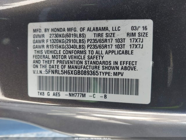 5FNRL5H6XGB089365 Honda Odyssey Ex-l