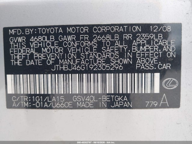 45352797 :رقم المزاد ، JTHBJ46G192305296 vin ، 2009 Lexus Es 350 مزاد بيع