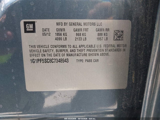 Продажа на аукционе авто 2012 Chevrolet Cruze 1lt, vin: 1G1PF5SC8C7348943, номер лота: 45352806