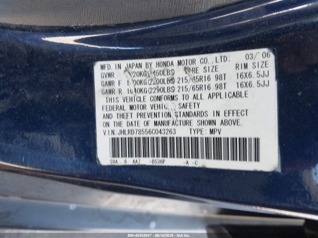Aukcja sprzedaży 2006 Honda Cr-v Lx, vin: JHLRD78556C043263, numer aukcji: 45352807