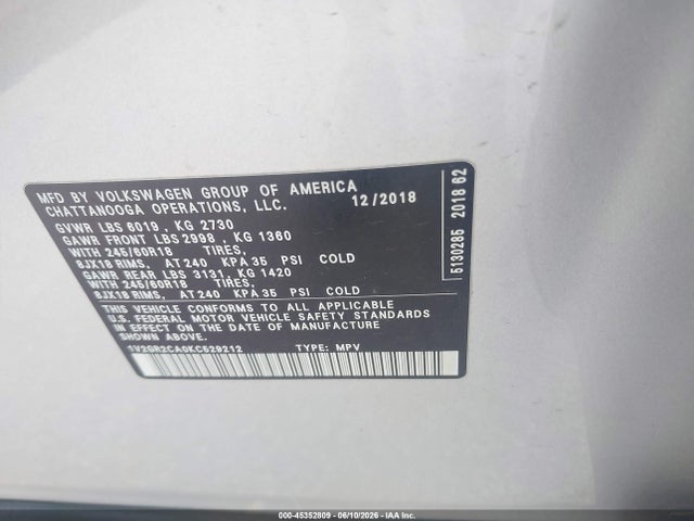 1V2GR2CA0KC529212 Volkswagen Atlas 3.6l V6 S