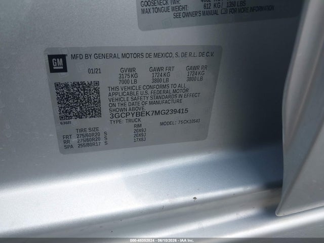 Продаж на аукціоні авто 2021 Chevrolet Silverado 1500 4wd  Short Bed Custom, vin: 3GCPYBEK7MG239415, номер лоту: 45352824