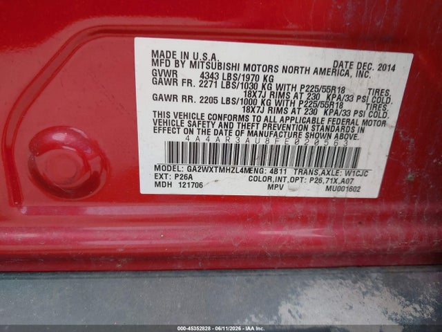 Aukcja sprzedaży 2015 Mitsubishi Outlander Sport Es, vin: 4A4AR3AU8FE020563, numer aukcji: 45352828