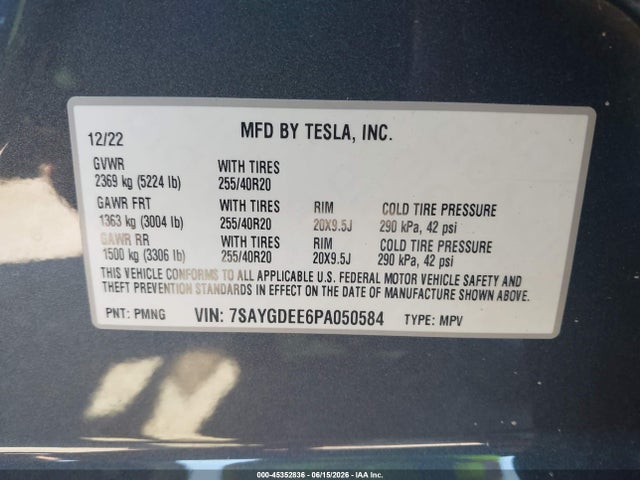 Продаж на аукціоні авто 2023 Tesla Model Y Awd/long Range Dual Motor All-wheel Drive, vin: 7SAYGDEE6PA050584, номер лоту: 45352836