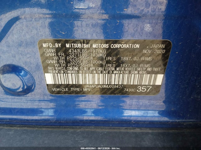 2021 Mitsubishi Outlander Sport 2.0 Be 2wd/2.0 Es 2wd/2.0 Le 2wd/2.0 S 2wd მანქანა იყიდება აუქციონზე, vin: JA4APUAU9MU008437, აუქციონის ნომერი: 45352841