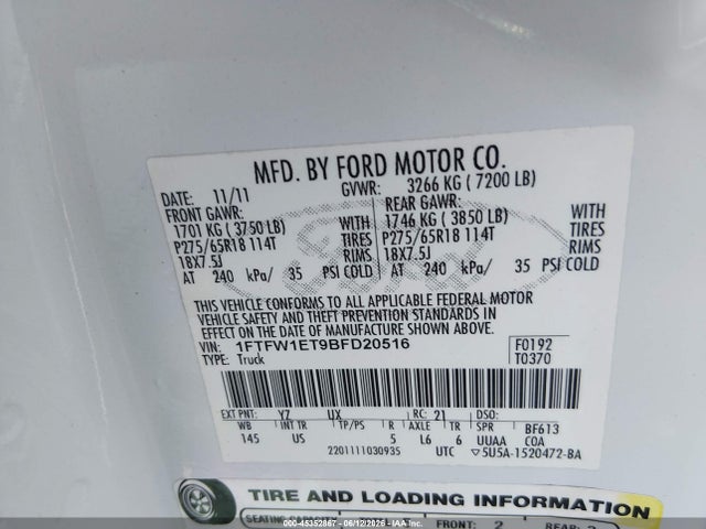 Aukcja sprzedaży 2011 Ford F-150 Xlt, vin: 1FTFW1ET9BFD20516, numer aukcji: 45352867