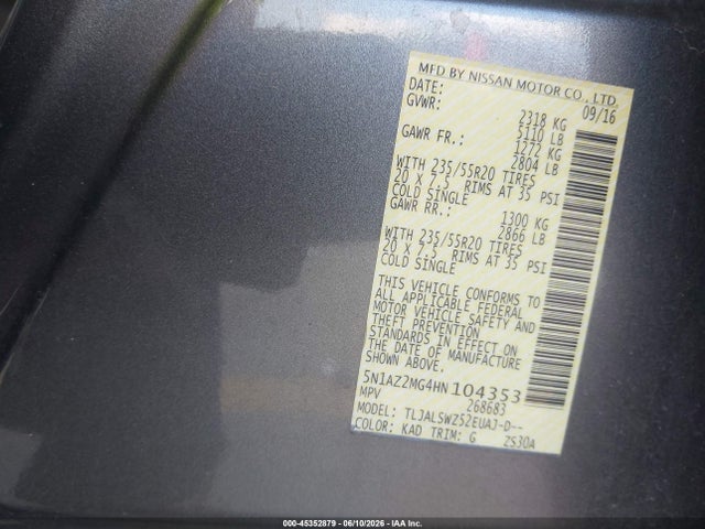 45352879 :رقم المزاد ، 5N1AZ2MG4HN104353 vin ، 2017 Nissan Murano Platinum مزاد بيع
