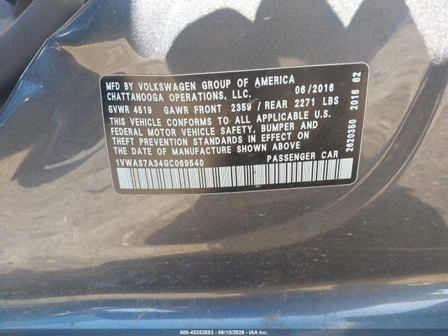 Продажа на аукционе авто 2016 Volkswagen Passat 1.8t R-line/1.8t S, vin: 1VWAS7A34GC069540, номер лота: 45352883