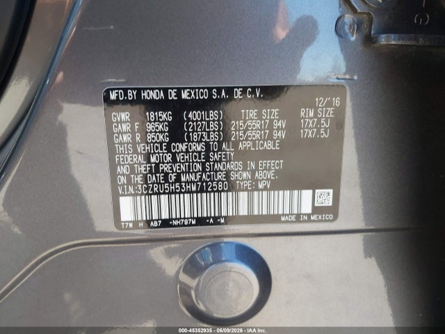 Aukcja sprzedaży 2017 Honda Hr-v Ex, vin: 3CZRU5H53HM712580, numer aukcji: 45352935