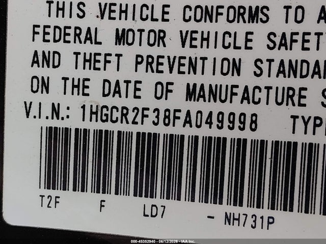 Honda ACCORD LX 2015 1HGCR2F38FA049998 Image 9