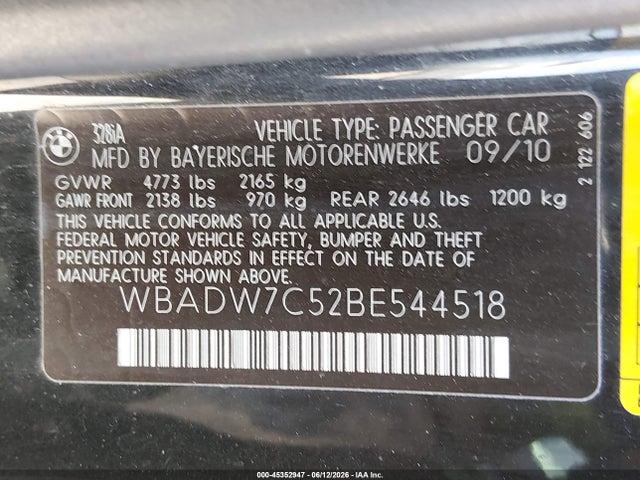 Aukcja sprzedaży 2011 Bmw 328i, vin: WBADW7C52BE544518, numer aukcji: 45352947