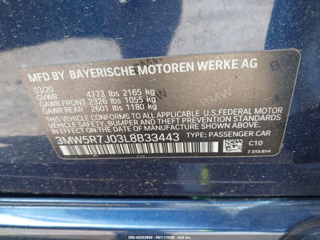 Aukcja sprzedaży 2020 Bmw 330i Xdrive, vin: 3MW5R7J03L8B33443, numer aukcji: 45352969
