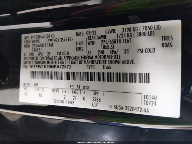 Продаж на аукціоні авто 2022 Ford F-150 Xlt, vin: 1FTFW1E59NFA72872, номер лоту: 45352975