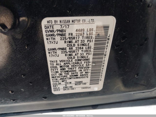 Продаж на аукціоні авто 2017 Nissan Rogue Sv, vin: JN8AT2MT0HW405879, номер лоту: 45352992