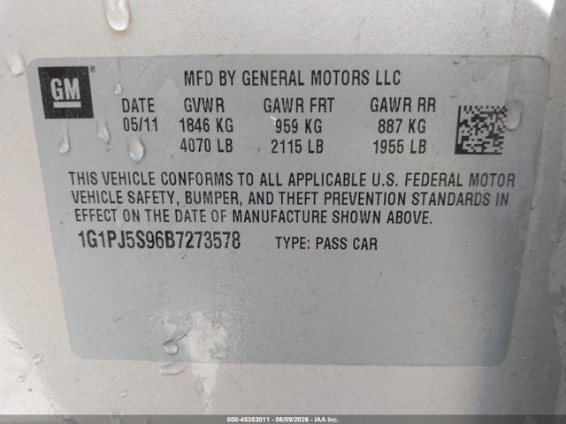 45353011 :رقم المزاد ، 1G1PJ5S96B7273578 vin ، 2011 Chevrolet Cruze Eco مزاد بيع