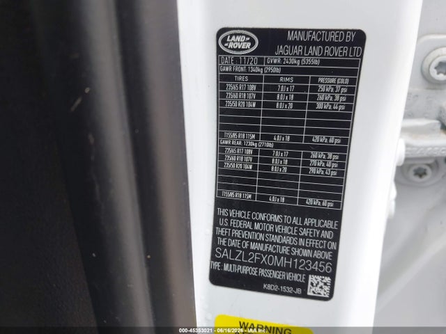 45353021 :رقم المزاد ، SALZL2FX0MH123456 vin ، 2021 Land Rover Range Rover Evoque R-dynamic Se مزاد بيع