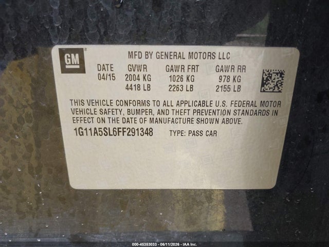 45353033 :رقم المزاد ، 1G11A5SL6FF291348 vin ، 2015 Chevrolet Malibu 1fl مزاد بيع