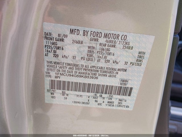 Aukcja sprzedaży 2009 Ford Escape Limited, vin: 1FMCU94G59KB53936, numer aukcji: 45353040