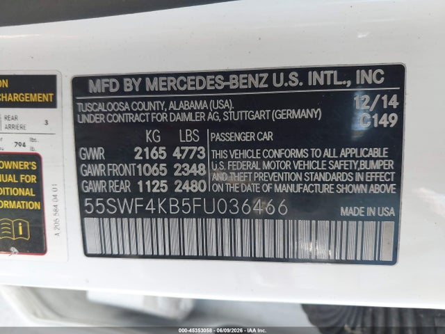 Aukcja sprzedaży 2015 Mercedes-benz C 300 4matic, vin: 55SWF4KB5FU036466, numer aukcji: 45353058