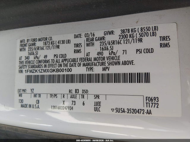 1FMZK1ZMXGKB00100 Ford Transit-150 Xl