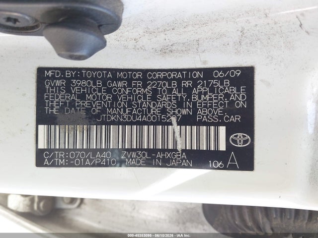 45353095 :رقم المزاد ، JTDKN3DU4A0015207 vin ، 2010 Toyota Prius Iv مزاد بيع