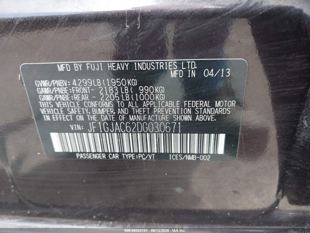 Aukcja sprzedaży 2013 Subaru Impreza 2.0i Premium, vin: JF1GJAC62DG030671, numer aukcji: 45353101