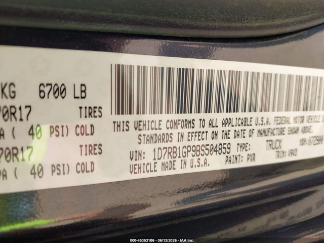 45353106 :رقم المزاد ، 1D7RB1GP9BS504859 vin ، 2011 Ram Ram 1500 Slt مزاد بيع