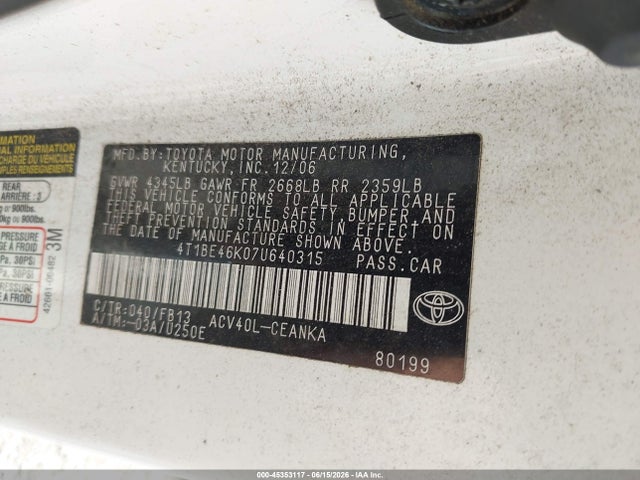 Aukcja sprzedaży 2007 Toyota Camry Le, vin: 4T1BE46K07U640315, numer aukcji: 45353117