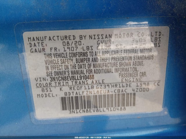 Продажа на аукционе авто 2020 Nissan Versa Sv Xtronic Cvt, vin: 3N1CN8EV8LL910488, номер лота: 45353126
