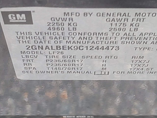 Продаж на аукціоні авто 2012 Chevrolet Equinox Ls, vin: 2GNALBEK9C1244473, номер лоту: 45353145