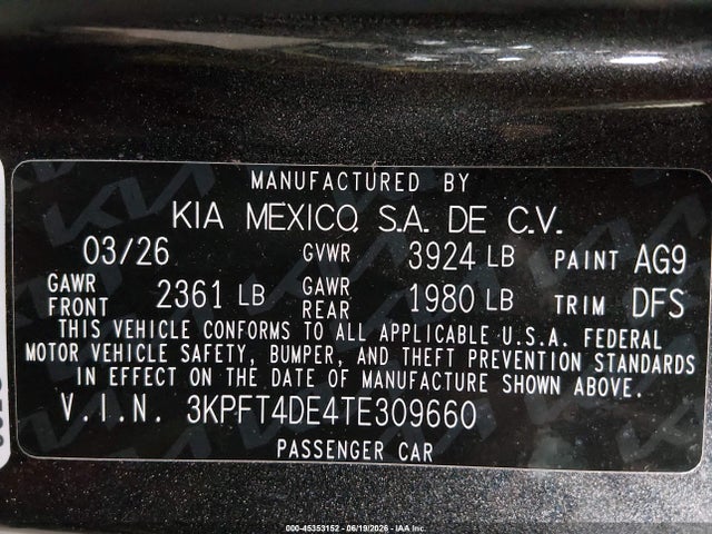 Продажа на аукционе авто 2026 Kia K4 Lxs, vin: 3KPFT4DE4TE309660, номер лота: 45353152